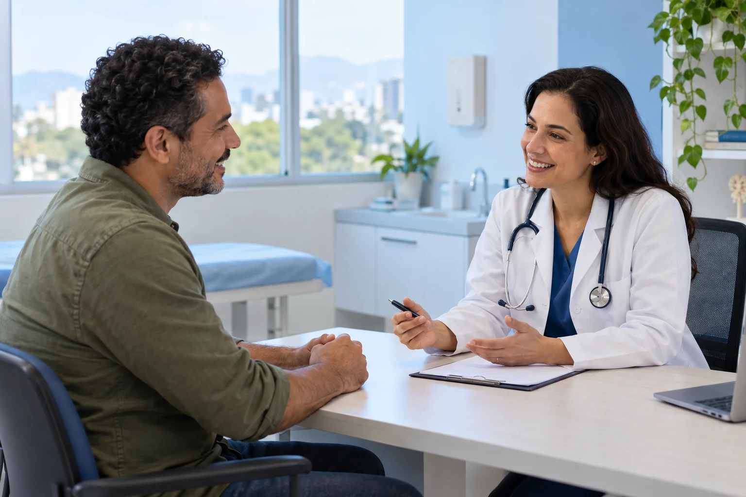 Paciente em consulta com médico no consultório
