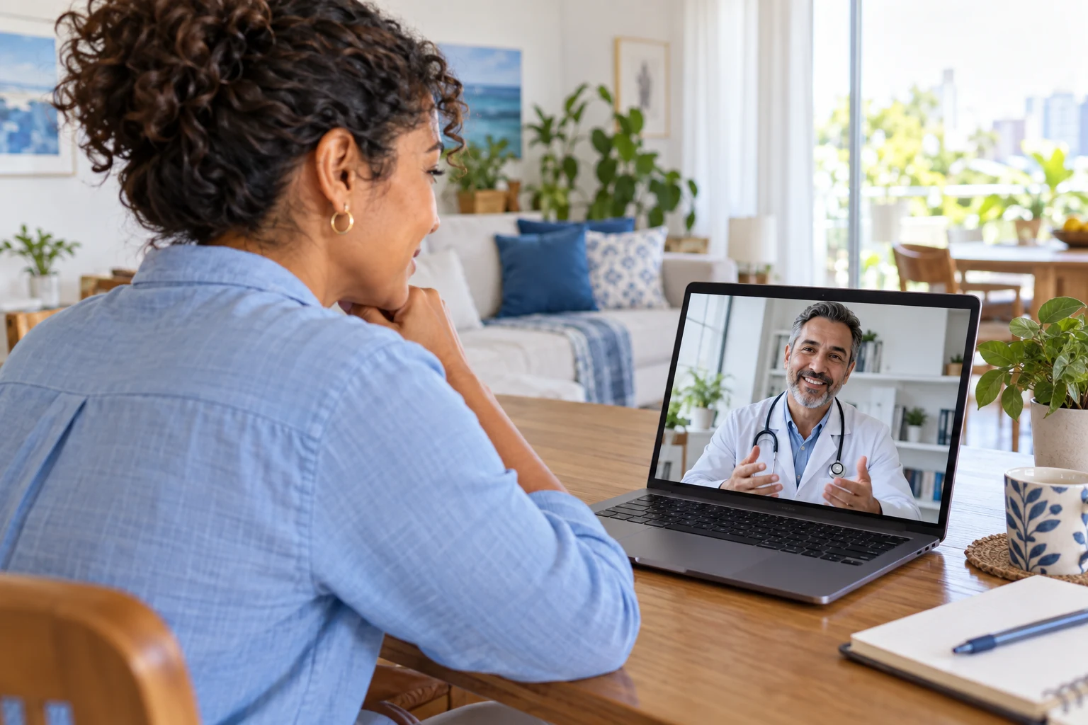 Pessoa em teleconsulta com médico na tela do computador