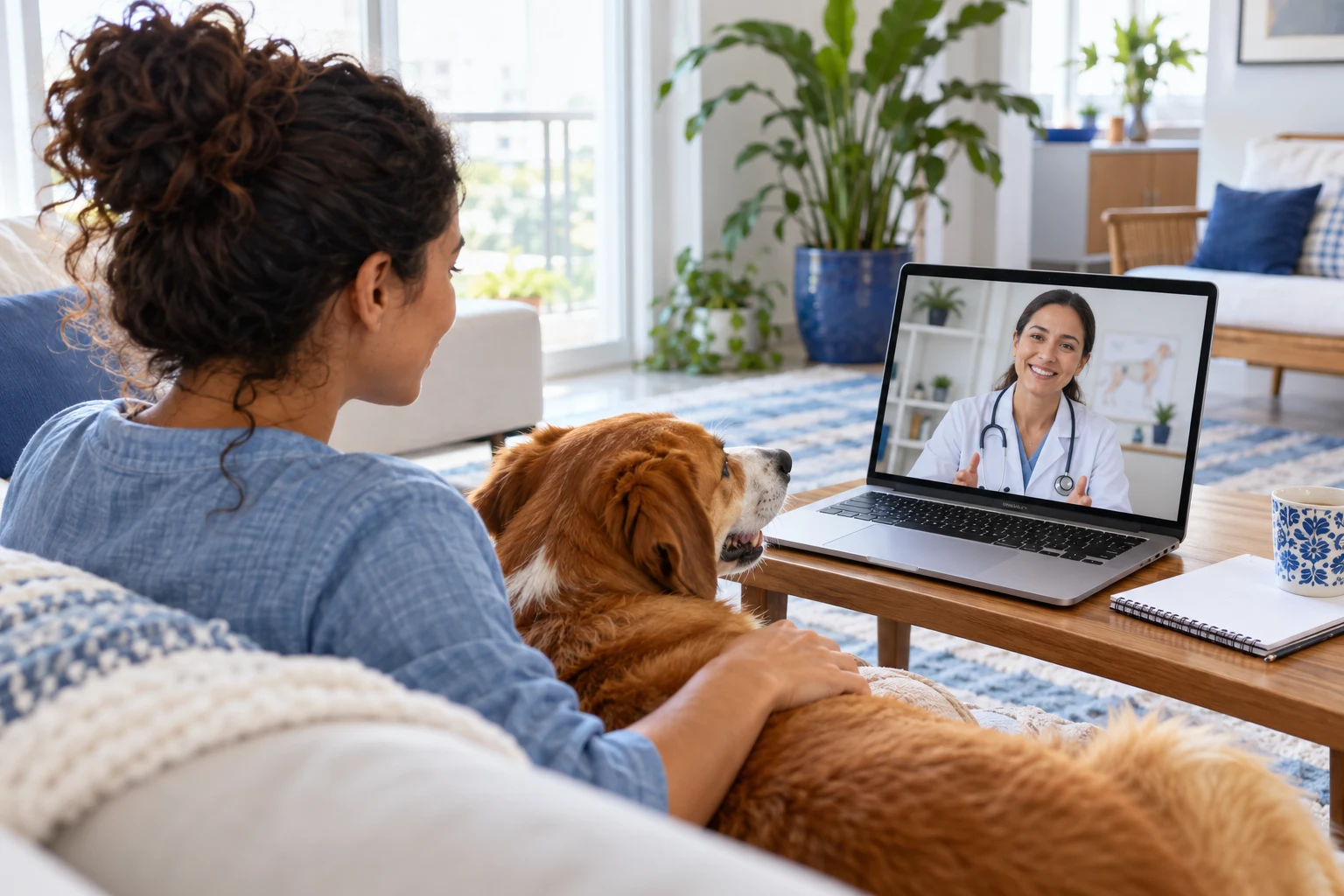 Tutor e cachorro em teleconsulta veterinária